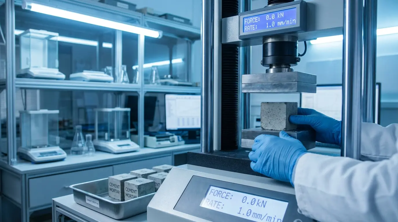 Compressive strength testing of cement mortar cubes in a quality-control laboratory