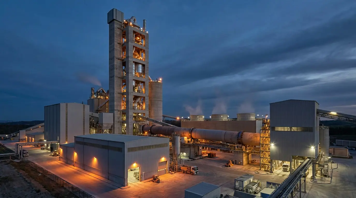 Modern dry-process cement plant at dusk