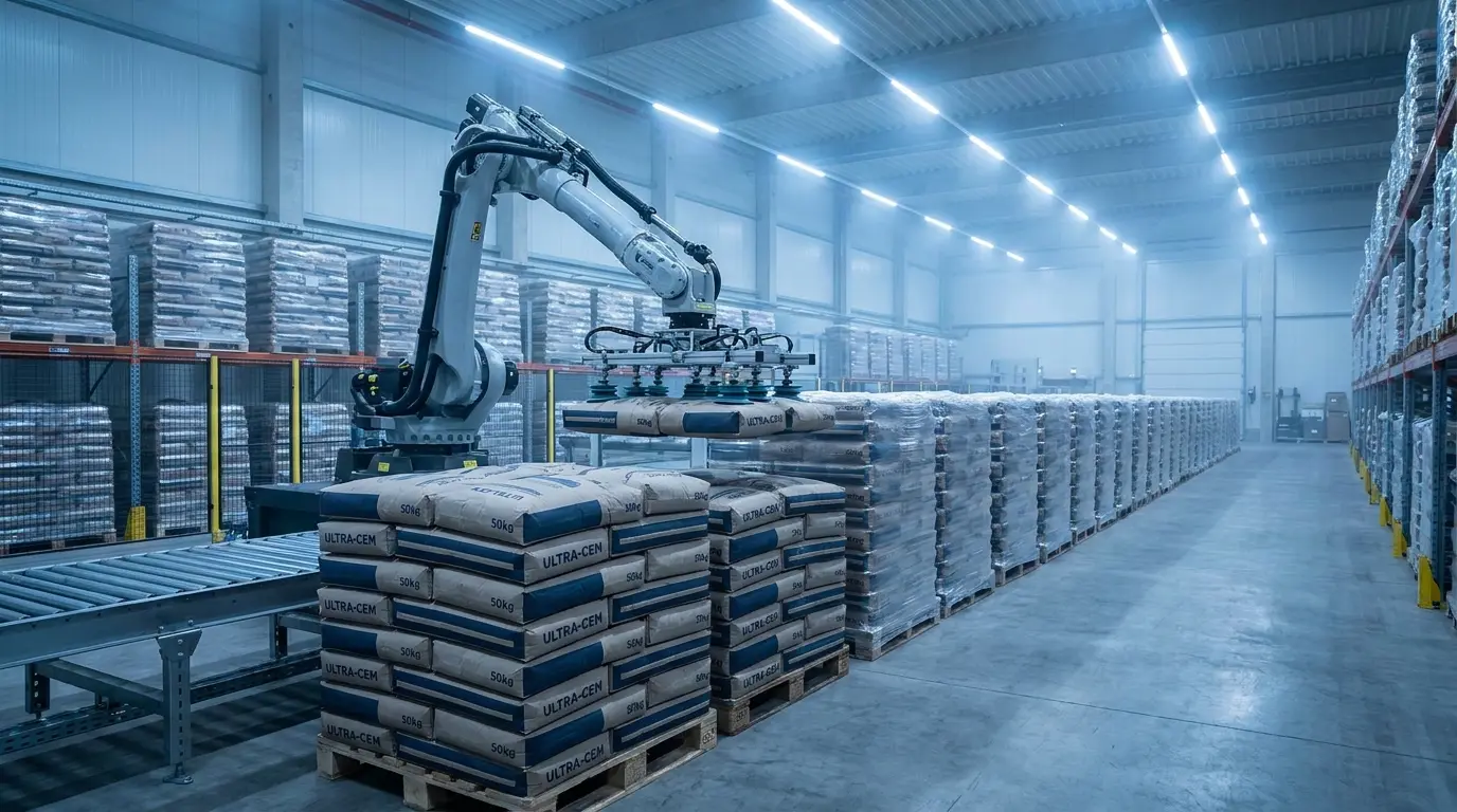 Automated palletizing of 50 kg cement bags in an export warehouse
